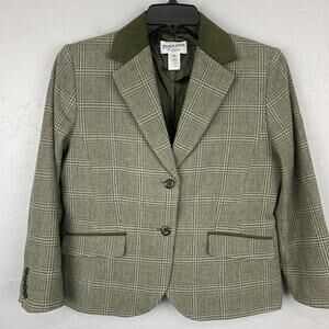 Pendleton Blazer Womens 12 Petite Green Plaid Virgin Wool Faux Suede Collar